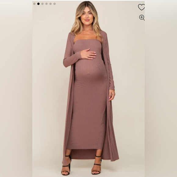 Pinkblush Dresses & Skirts - Mocha Ribbed Sleeveless Dress Cardigan Maternity Set